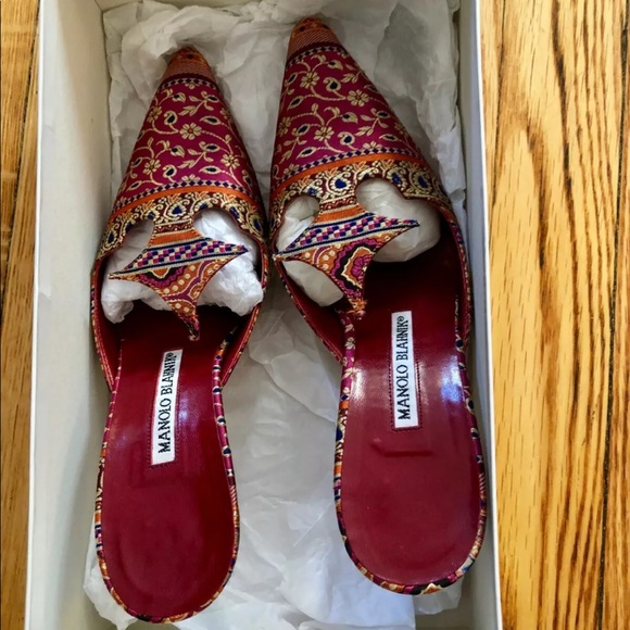 Manolo Blahnik Pink Paisley Mules Pointed Toe - Picture 3 of 8